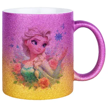 Elsa Princess, Κούπα Χρυσή/Ροζ Glitter, κεραμική, 330ml