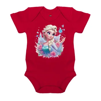 Elsa Princess, Βρεφικό φορμάκι μωρού, ΚΟΚΚΙΝΟ, 100% Organic Cotton, κοντομάνικο