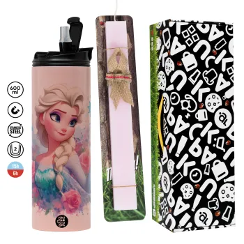 Elsa Princess, Easter candle,Travel Tumbler 2 Lids, with metal straw & cleaning brush & aromatic flat candle (30cm) (PINK)