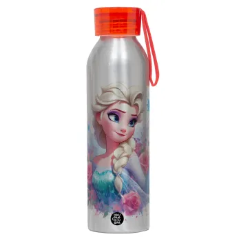 Elsa Princess, Αλουμινένιο Αθλητικό Μπουκάλι 650ml – Ασημί με Κόκκινο Καπάκι και Λουράκι Σιλικόνης