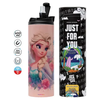 Elsa Princess, Tumbler ποτήρι θερμό ΡΟΖ από ανοξείδωτο ατσάλι 600ml