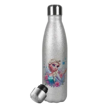 Elsa Princess, Μεταλλικό παγούρι θερμός Glitter Aσημένιο (Stainless steel), διπλού τοιχώματος, 500ml
