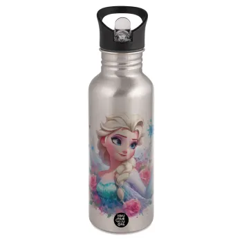 Elsa Princess, Παγούρι νερού Ασημένιο με καλαμάκι, ανοξείδωτο ατσάλι 600ml