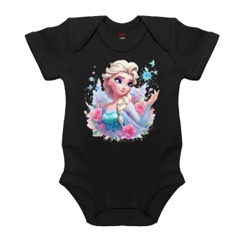 Elsa Princess, Βρεφικό φορμάκι μωρού, 0-18 μηνών, ΜΑΥΡΟ, 100% Organic Cotton, κοντομάνικο