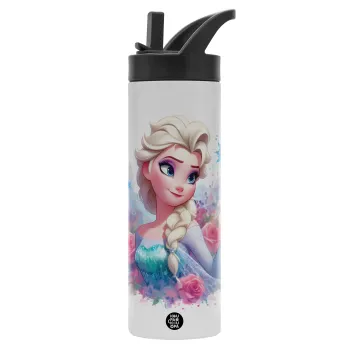 Elsa Princess, Metallic thermos bottle with straw & handle, stainless steel (Stainless steel 304), double-walled, 600ml.