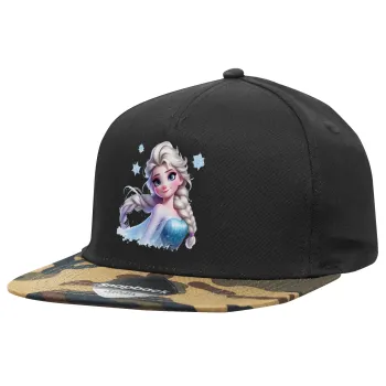 Elsa Princess, Καπέλο Ενηλίκων Flat Snapback Μαύρο/Παραλλαγή, (100% ΒΑΜΒΑΚΕΡΟ TWILL, ΕΝΗΛΙΚΩΝ, UNISEX, ONE SIZE)