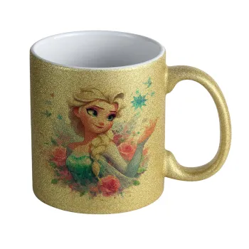 Elsa Princess, Κούπα Χρυσή Glitter που γυαλίζει, κεραμική, 330ml