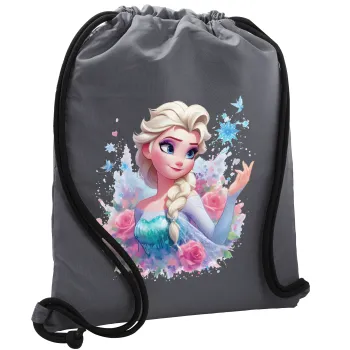 Elsa Princess, Τσάντα πλάτης πουγκί GYMBAG ΓΚΡΙ, με τσέπη (40x48cm) & χονδρά κορδόνια