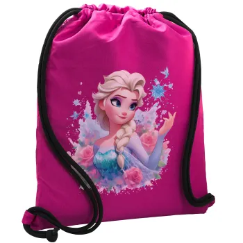 Elsa Princess, Τσάντα πλάτης πουγκί GYMBAG Φούξια, με τσέπη (40x48cm) & χονδρά κορδόνια