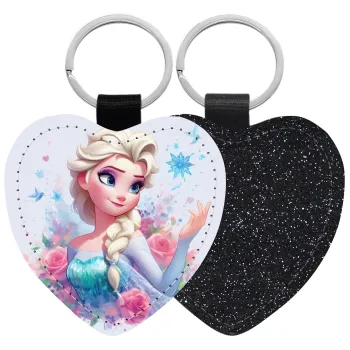 Elsa Princess, Μπρελόκ PU δερμάτινο glitter καρδιά ΜΑΥΡΟ