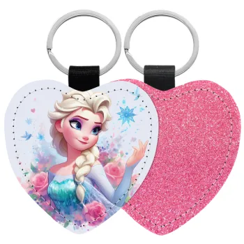 Elsa Princess, Μπρελόκ PU δερμάτινο glitter καρδιά ΡΟΖ