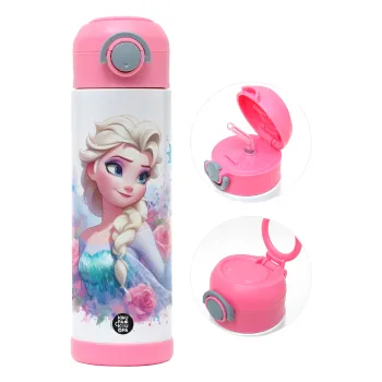 Elsa Princess, Παιδικό παγούρι θερμό, ανοξείδωτο, με καλαμάκι ασφαλείας, ΡΟΖ (500ml)
