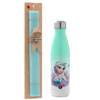 Elsa Princess, Easter Set, Metallic green/white thermos (Stainless steel), double-walled, 500ml & scented flat Easter candle (30cm) (TURQUOISE)