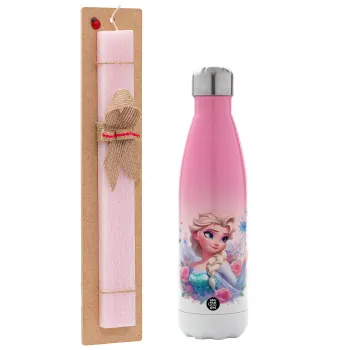 Elsa Princess, Easter Set, Metallic pink/white (Stainless steel) thermos, double-walled, 500ml & aromatic flat Easter candle (30cm) (PINK)