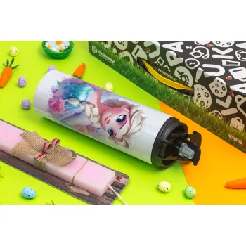 Elsa Princess, Easter candle,Travel Tumbler 2 Lids, with metal straw & cleaning brush & aromatic flat candle (30cm) (PINK)