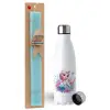 Easter Set, metallic stainless steel water bottle (750ml) & aromatic flat Easter candle (30cm) (TURQUOISE)