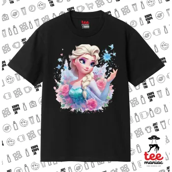 Elsa Princess, Κλασικό T-Shirt, διπλής ραφής, χωρίς πλευρικές ραφές ΜΑΥΡΟ από 100% βαμβάκι. Vegan & OEKO-TEX πιστοποιημένο.
