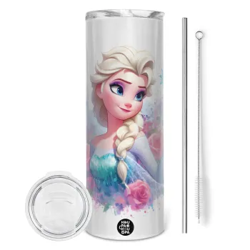 Elsa Princess, Tumbler ποτήρι θερμό από ανοξείδωτο ατσάλι 600ml, με μεταλλικό καλαμάκι & βούρτσα καθαρισμού