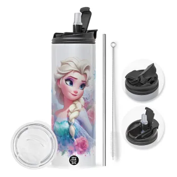 Elsa Princess, Travel Tumbler θερμό με διπλό καπάκι, μεταλλικό καλαμάκι και βούρτσα καθαρισμού (Ανωξείδωτο 304 Food grade, BPA free, 600ml)