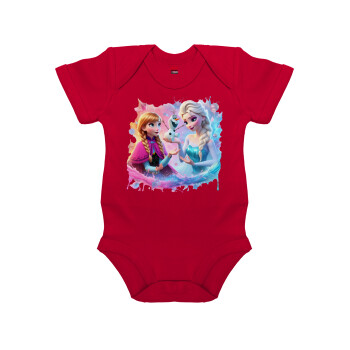 Έλσα & Άννα, Βρεφικό φορμάκι μωρού, ΚΟΚΚΙΝΟ, 100% Organic Cotton, κοντομάνικο