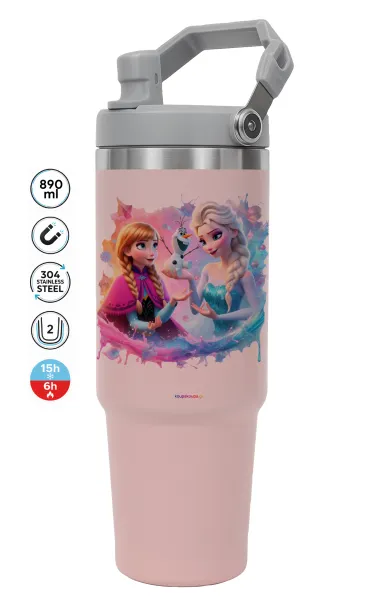 Έλσα & Άννα — ΡΟΖ Travel Tumbler Θερμός με χερούλι και καλαμάκι 890ml
