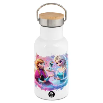 Έλσα & Άννα, Μεταλλικό παγούρι θερμός (Stainless steel) Λευκό με ξύλινο καπακι (bamboo), διπλού τοιχώματος, 350ml