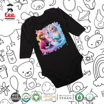 Έλσα & Άννα, Μακρυμάνικο βρεφικό φορμάκι, 0-18 μηνών, ΜΑΥΡΟ, 100% Organic Cotton