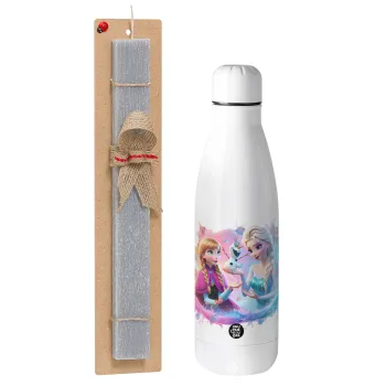Elsa & Anna Princess, Easter Set, metallic stainless thermos bottle (500ml) & scented flat Easter candle (30cm) (GRAY)