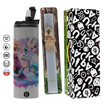 Elsa & Anna Princess, Easter candle with Grey Tumbler Thermo 600ml & aromatic flat candle (30cm) (GREY)