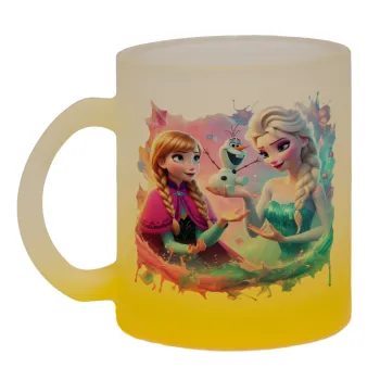 Elsa & Anna Princess, Κούπα γυάλινη δίχρωμη με βάση το κίτρινο ματ, 330ml