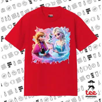 Έλσα & Άννα, Κλασικό T-Shirt, διπλής ραφής, χωρίς πλευρικές ραφές ΚΟΚΚΙΝΟ από 100% βαμβάκι. Vegan & OEKO-TEX πιστοποιημένο.