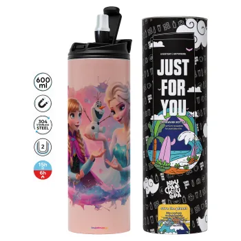 Έλσα & Άννα, Tumbler ποτήρι θερμό ΡΟΖ από ανοξείδωτο ατσάλι 600ml