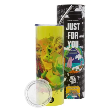 Έλσα & Άννα, Neon Yellow Travel Tumbler θερμό, μεταλλικό καλαμάκι(Ανωξείδωτο 304 Food grade, BPA free, 600ml)
