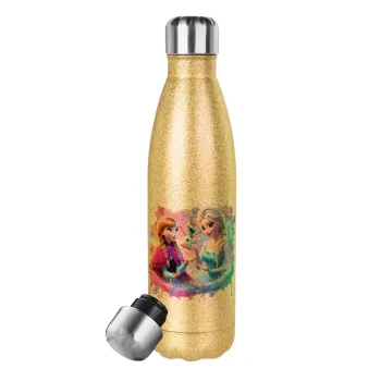 Elsa & Anna Princess, Glitter gold stainless steel thermos bottle, double-walled, 500ml