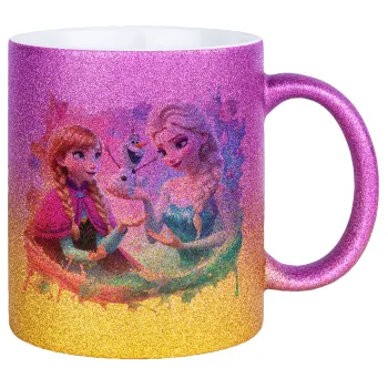 Έλσα & Άννα, Κούπα Χρυσή/Ροζ Glitter, κεραμική, 330ml