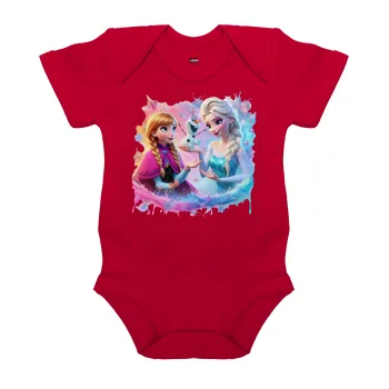 Έλσα & Άννα, Βρεφικό φορμάκι μωρού, ΚΟΚΚΙΝΟ, 100% Organic Cotton, κοντομάνικο