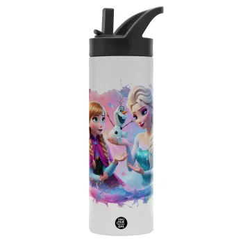 Elsa & Anna Princess, Metallic thermos bottle with straw & handle, stainless steel (Stainless steel 304), double-walled, 600ml.