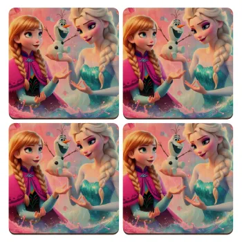 Elsa & Anna Princess, ΣΕΤ x4 Σουβέρ ξύλινα τετράγωνα plywood (9cm)