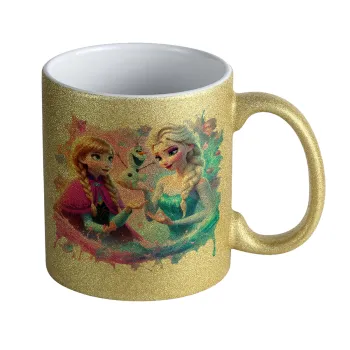 Elsa & Anna Princess, Κούπα Χρυσή Glitter που γυαλίζει, κεραμική, 330ml