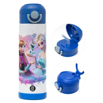 Έλσα & Άννα, Παιδικό παγούρι θερμό, ανοξείδωτο, με καλαμάκι ασφαλείας, ΜΠΛΕ (500ml)