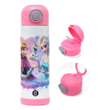 Έλσα & Άννα, Παιδικό παγούρι θερμό, ανοξείδωτο, με καλαμάκι ασφαλείας, ΡΟΖ (500ml)