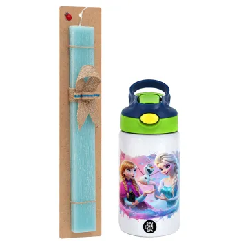 Elsa & Anna Princess, Easter Set, Children's thermal stainless steel bottle with safety straw, green/blue (350ml) & aromatic flat Easter candle (30cm) (TURQUOISE)