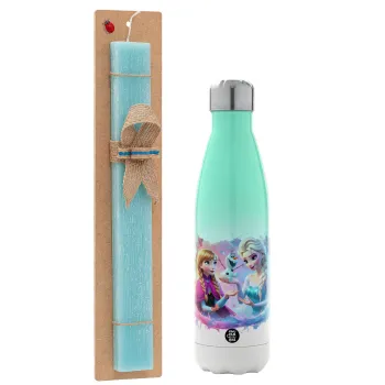 Elsa & Anna Princess, Easter Set, Metallic green/white thermos (Stainless steel), double-walled, 500ml & scented flat Easter candle (30cm) (TURQUOISE)