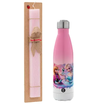 Elsa & Anna Princess, Easter Set, Metallic pink/white (Stainless steel) thermos, double-walled, 500ml & aromatic flat Easter candle (30cm) (PINK)