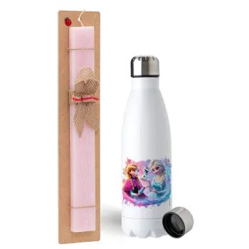 Έλσα & Άννα, Πασχαλινή Λαμπάδα με μεταλλικό παγούρι ανοξείδωτο (750ml) & κερί αρωματικό πλακέ (30cm) (ΡΟΖ)