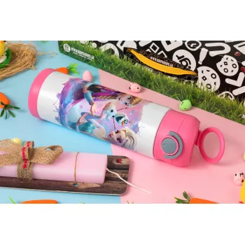 Έλσα & Άννα, Πασχαλινή Λαμπάδα με Παιδικό παγούρι θερμό, ανοξείδωτο, με καλαμάκι ασφαλείας, ΡΟΖ (500ml)