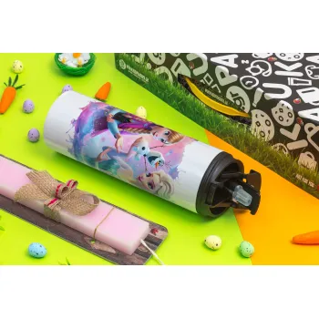 Elsa & Anna Princess, Easter candle,Travel Tumbler 2 Lids, with metal straw & cleaning brush & aromatic flat candle (30cm) (PINK)