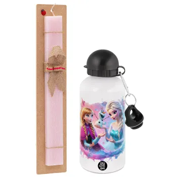 Έλσα & Άννα, Πασχαλινή Λαμπάδα με παγούρι μεταλλικό αλουμινίου (500ml) & κερί αρωματικό πλακέ (30cm) (ΡΟΖ)