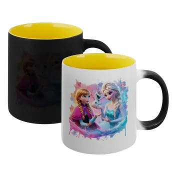 Elsa & Anna Princess, Κούπα Μαγική εσωτερικό κίτρινη, κεραμική 330ml που αλλάζει χρώμα με το ζεστό ρόφημα