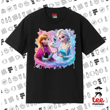 Έλσα & Άννα, Κλασικό T-Shirt, διπλής ραφής, χωρίς πλευρικές ραφές ΜΑΥΡΟ από 100% βαμβάκι. Vegan & OEKO-TEX πιστοποιημένο.